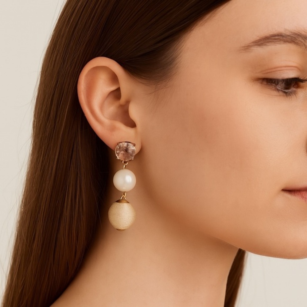 Rachel Parcell Gold & Ivory Drop Earrings – Crystal, Pearl & Thread-Wrapped Bead